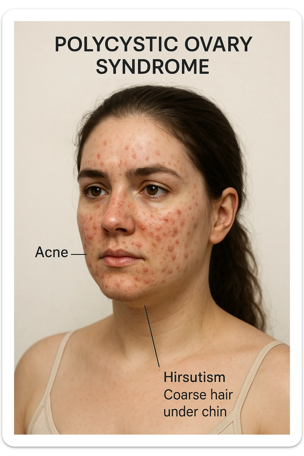 realistic 3D medical style image of a woman with PCOS, acne on face and hair under chin, clinical details, neutral background, aspect ratio 2:3 sticker