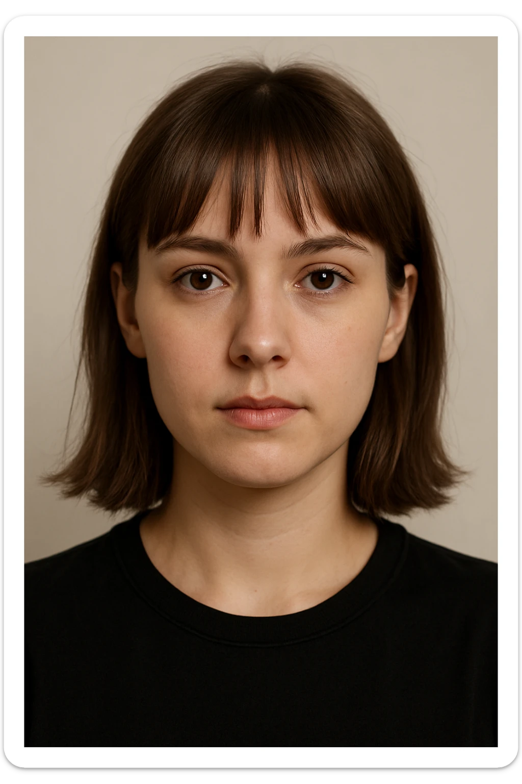 portrait of a person with brown hair and bangs, brown eyes, wearing a black shirt, neutral background, clean and clear facial features sticker