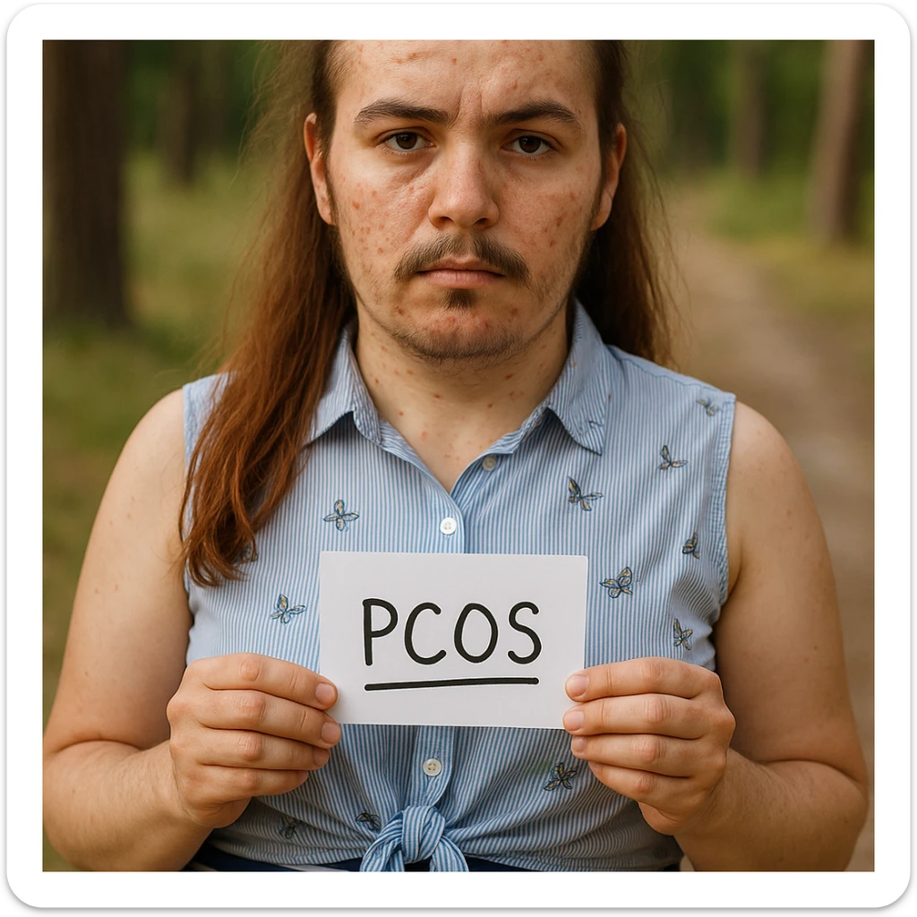 Realistic woman with PCOS inspired by the reference photo, face with acne, facial hair, thin hair, similar clothing, natural environment, hyperrealistic 4K details. sticker