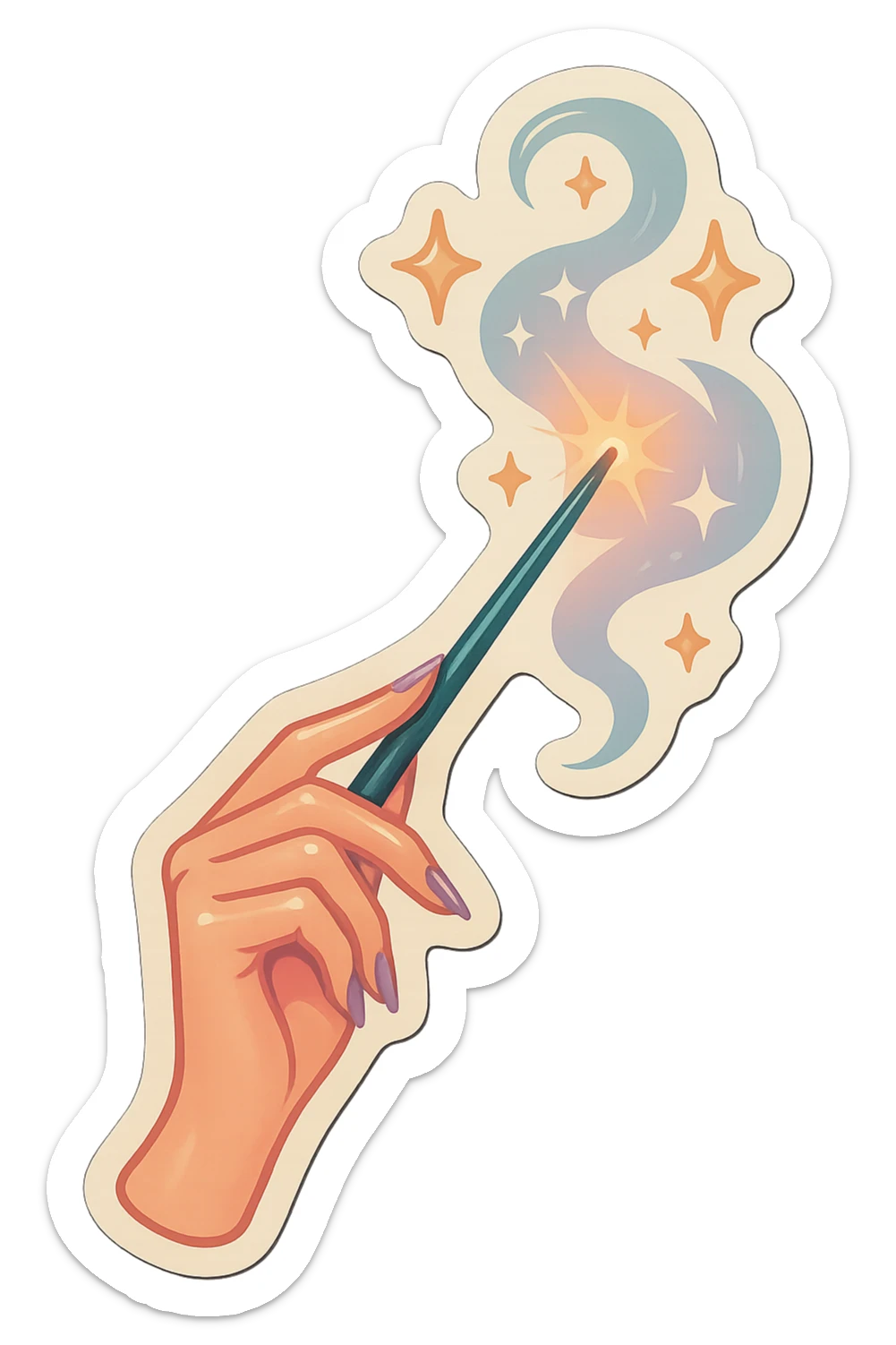 Elegant female hand with almond-shaped nails holding a magic wand, stars and light smoke flying out of the wand, retro stickers style, thin clean contours, soft rounded shapes, pastel palette #98B5BC, #B5B3C1, #C9A3C9, #E4C0CA, #F7DCD1, #F7C0AA, detailed shadows and highlights, soft lighting, transparent background, no decorative elements sticker