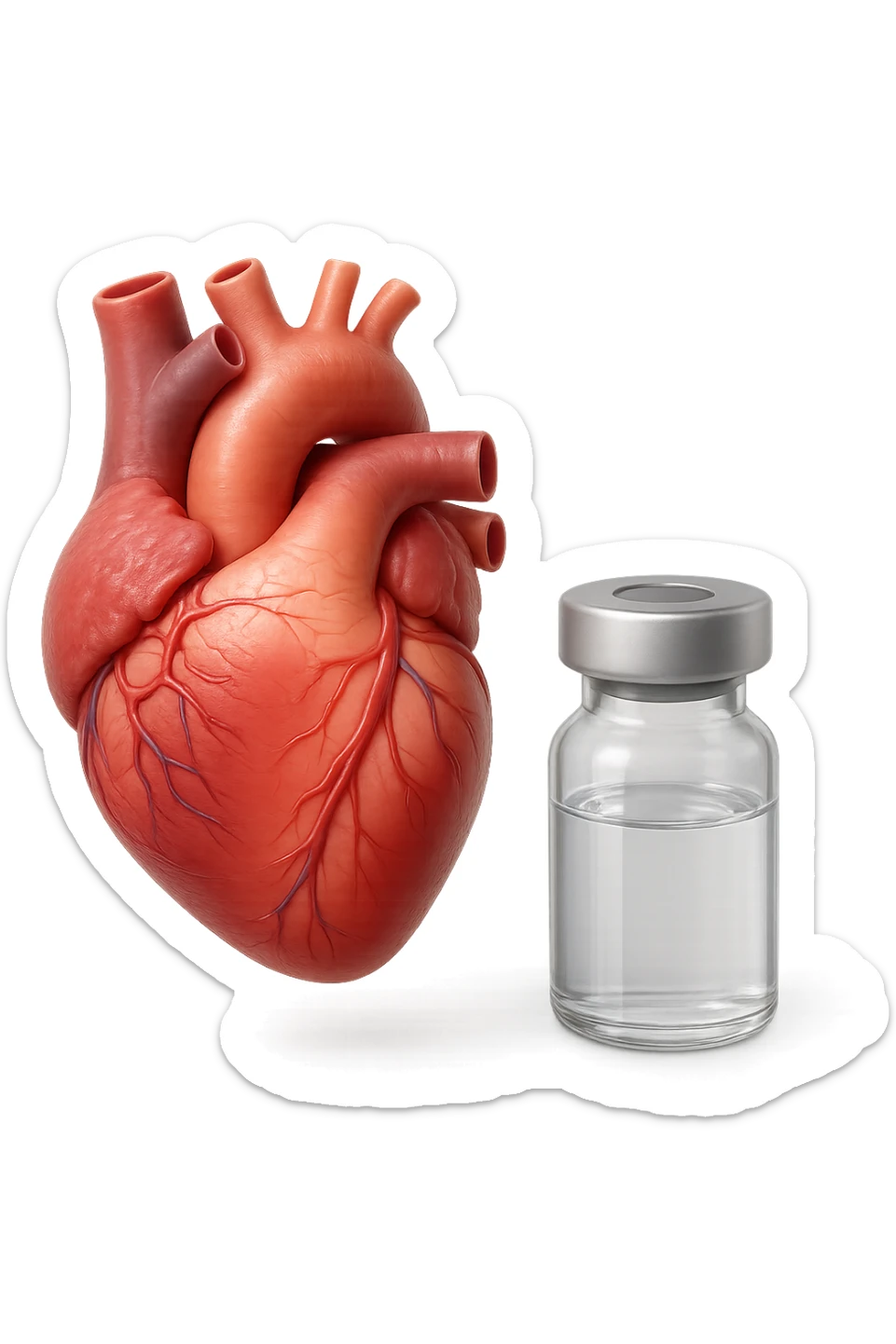 emoji stile iphone di cuore anatomico realistico in 3d che fluttua in aria insieme a una boccetta di fiala medica, FALLO MOLTO REALISTICO IN 3D sticker