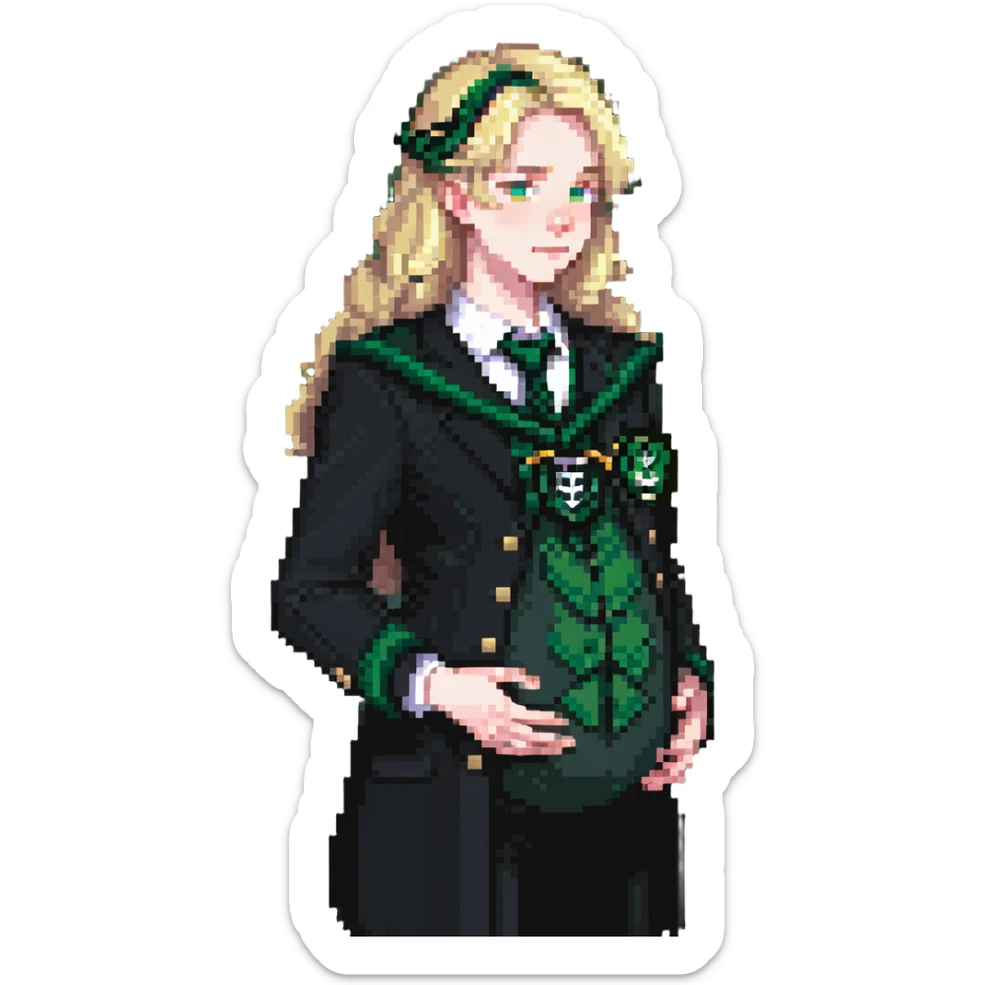 pregnant male in Slytherin uniform, blonde hair, pale skin sticker