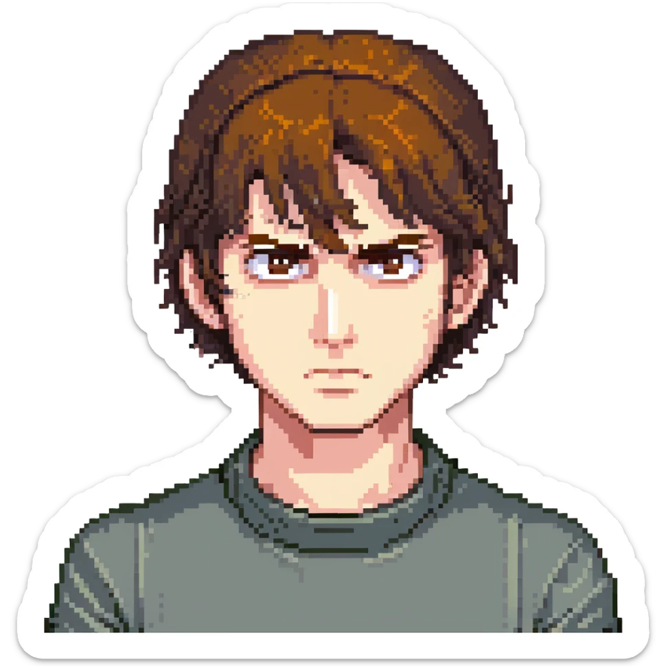 A man with brown hair and brown eyes, a little angry but kind at the same time. He has a bob-style hairstyle that covers his ears, has bangs in front of his eyebrows, and white skin. sticker
