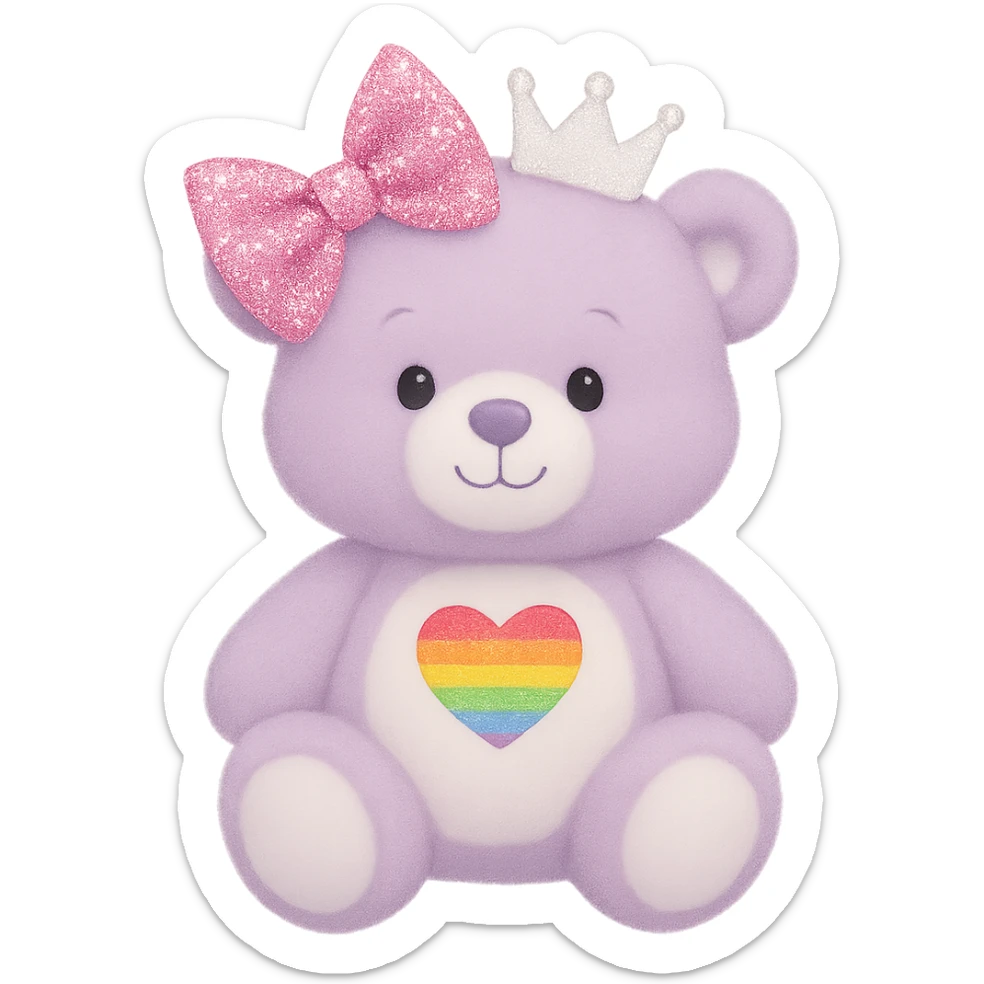Add a glittery bow that sparkles to the purple and white teddy bear with a heart-shaped rainbow patch and a white crown. Keep the bear soft and plush, with no shadows and flat lighting. Remove the background. sticker