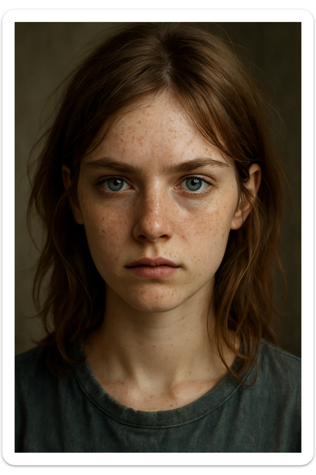 portrait of a girl with dusty brown hair, sharp blue eyes, pale skin with freckles sticker