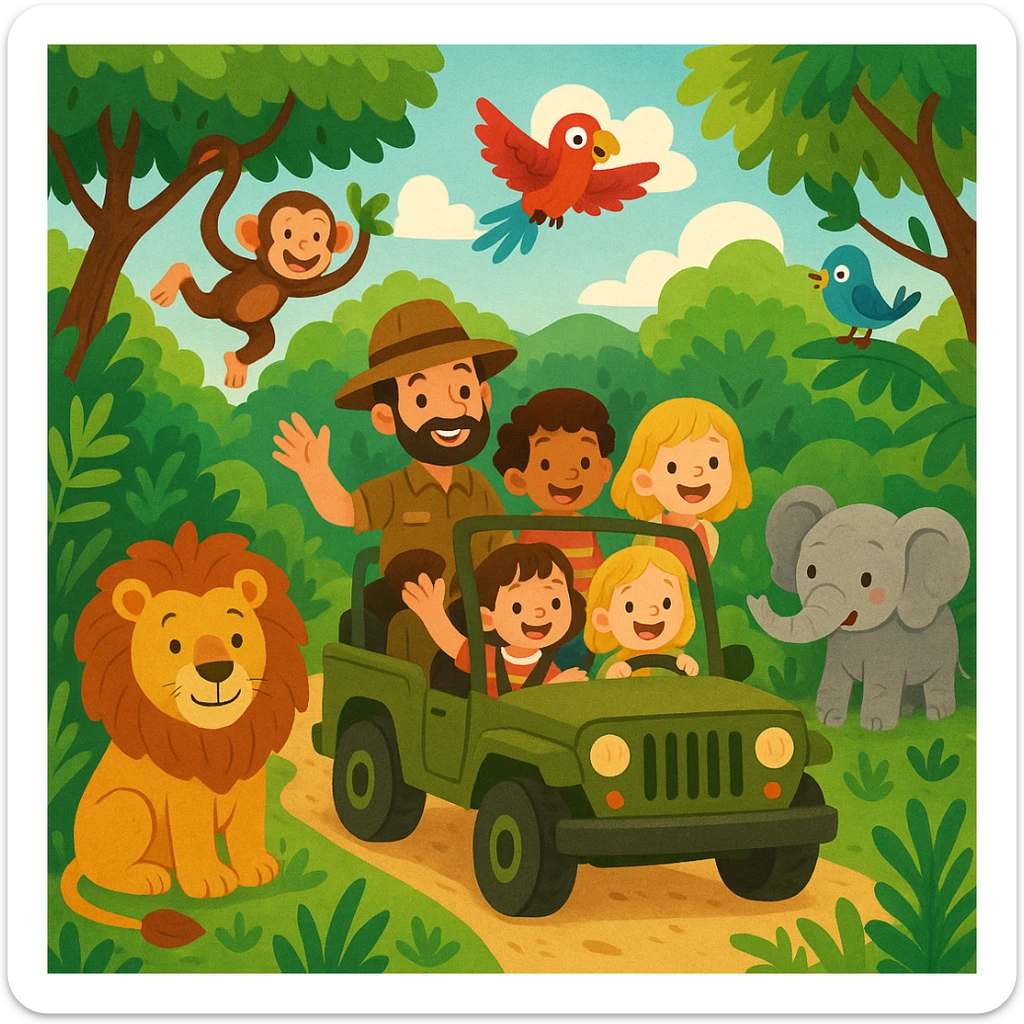 digital illustration of jungle safari in the style of children's story book sticker