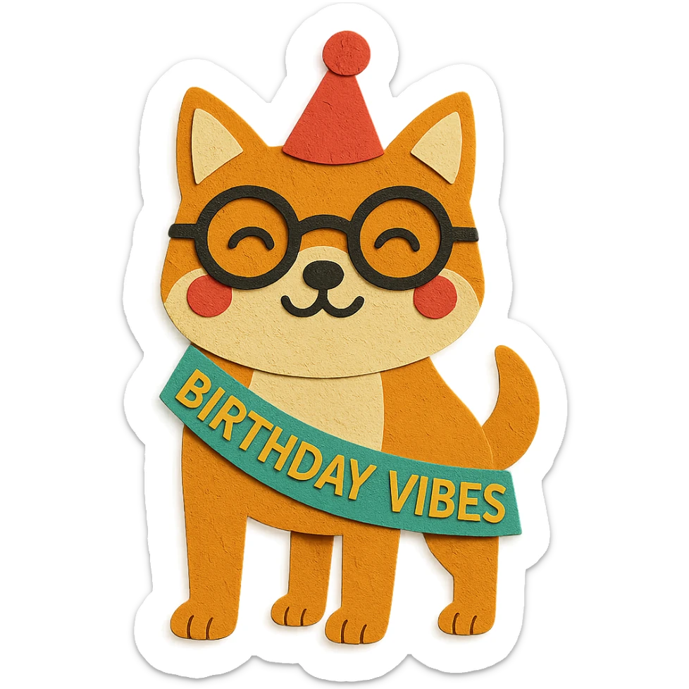 Adjust the Shiba Inu to have a clear 4-leg appearance and make the 'Birthday Vibes' sash thinner in style. Keep the paper-craft style, glasses, party hat, and all other elements the same. sticker