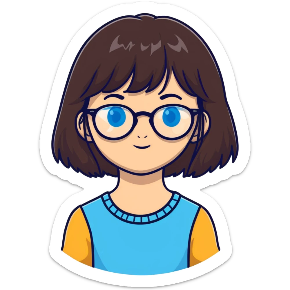 teenage girl with long dark brown hair, bangs, blue eyes, round glasses with thin black frames sticker