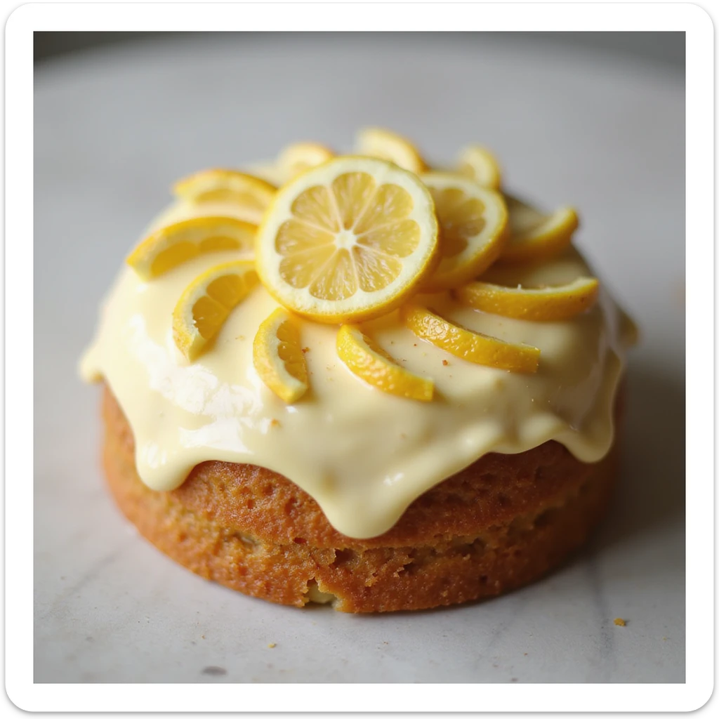 realistic round cake with lemon frosting and candied lemon slices, photorealistic style sticker