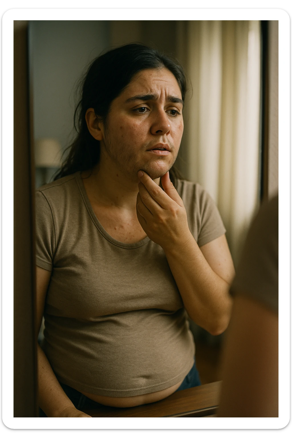 A realistic, cinematic portrait of a young woman in her late 20s standing in front of a mirror, visibly concerned while touching her chin and jawline where small dark facial hairs are noticeable, indicating hirsutism. Her skin appears oily, with a few cystic acne spots on her cheeks and jaw, and her dark hair is slightly greasy, indicating increased sebum production due to androgen excess. Her body shows mild abdominal bloating, and she looks at herself with a mix of frustration and sadness, capturing the emotional struggle linked to PCOS. The scene is set in a softly lit bedroom or bathroom with neutral daylight, with a clear mirror reflection to emphasize self-observation and discomfort. Style: realistic 35mm cinematic look, soft focus on her face and hair details, warm tones to keep it human and relatable sticker