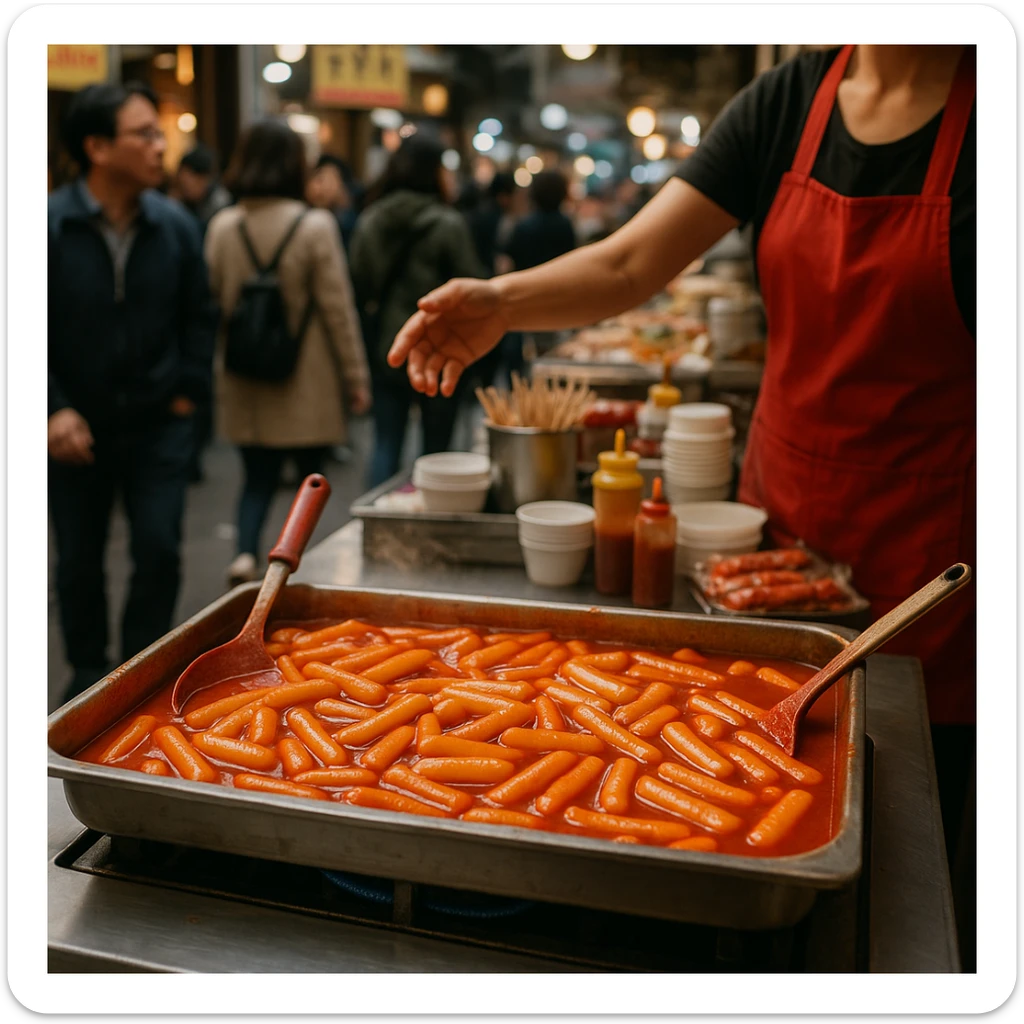 tteokbokki street food stall, tray of rice cakes, bustling atmosphere sticker
