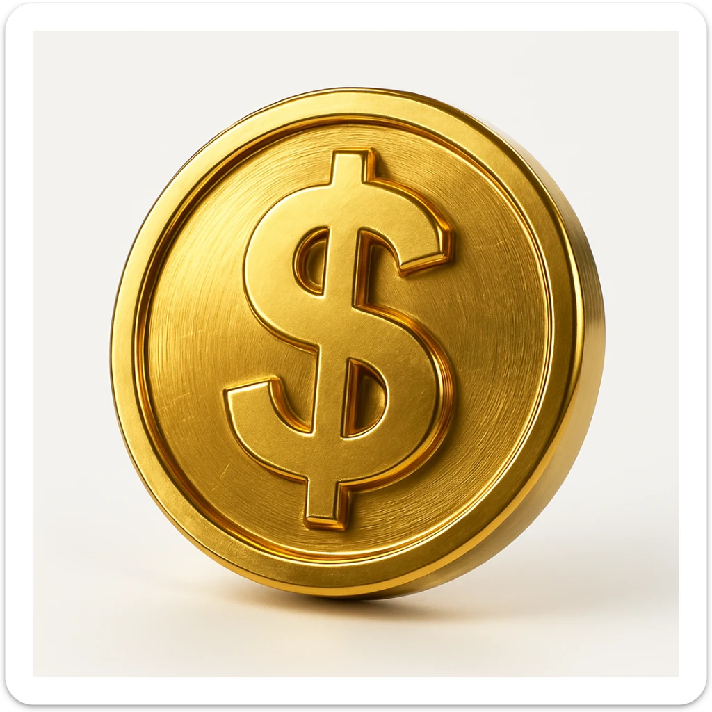 a shiny gold coin with a dollar sign sticker