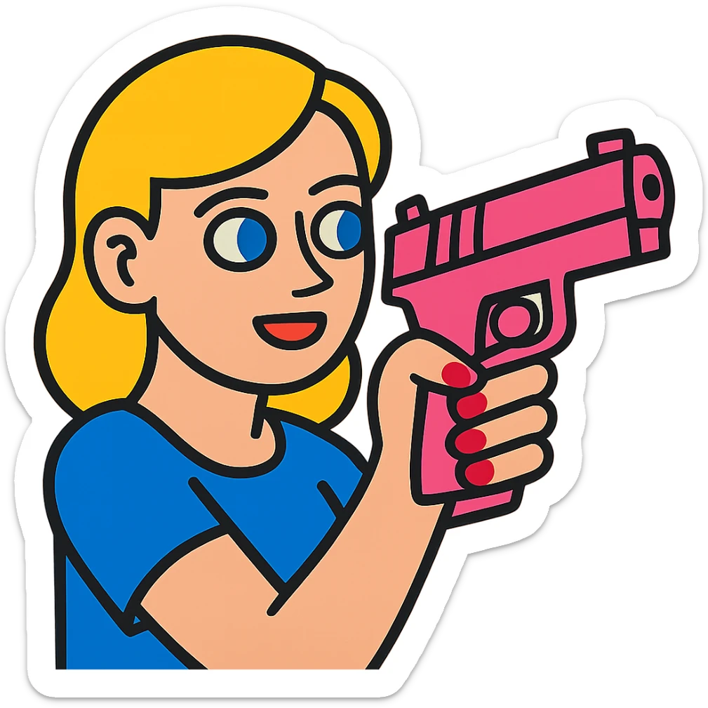 white girl with blue eyes, hand with pink nails holding a pink gun, fun and bold style sticker