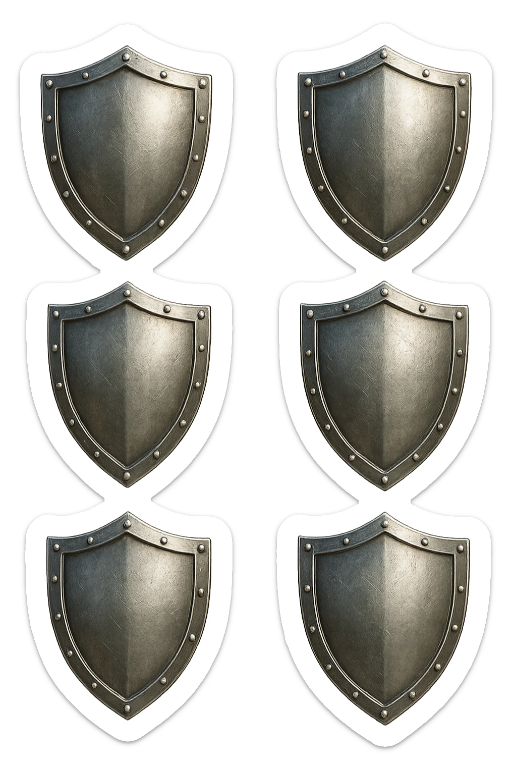 6 scudi che simboleggiano "difesa e protezione", realistici in 3d fluttuano in aria, iperrealistico 4k sticker