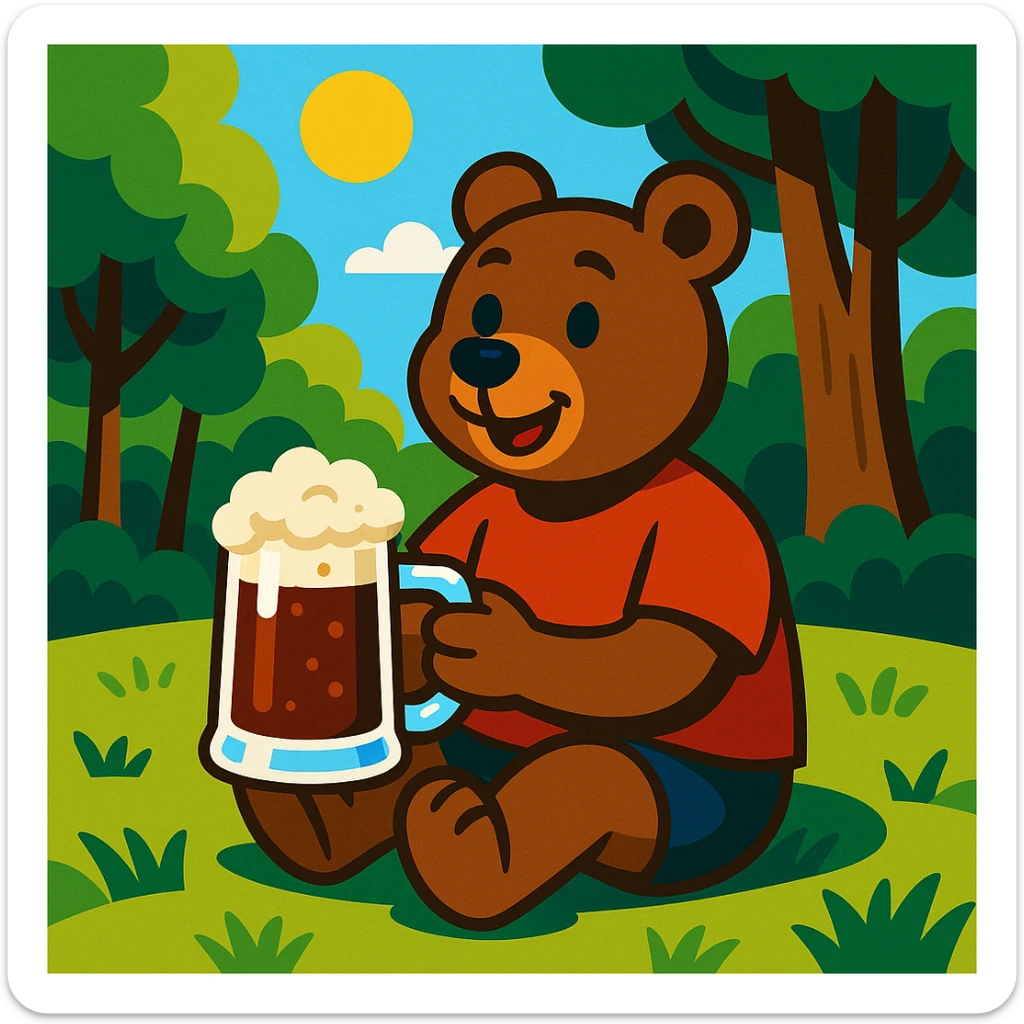 cartoon bear in a red t-shirt sitting on grass in a sunny forest clearing on a clear summer day, holding a glass mug of kvass with foam sticker