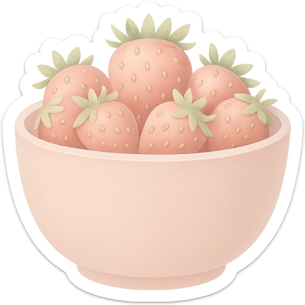 Make the colors of the fancy pastel pink bowl heaped with ripe strawberries softer and less saturated, avoid high contrast, keep the style as emoji, with no background. The style should resemble emoji style with soft pastel colors and no background. sticker