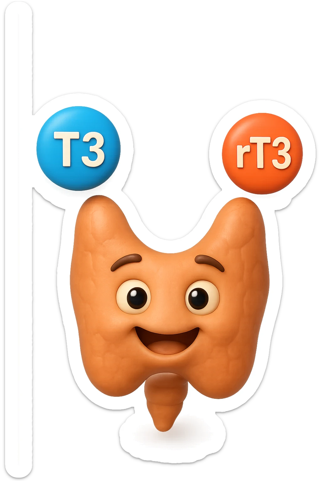 EMOJI STILE IPHONE 3D DI ormoni tiroidei (T3 ed rT3) che fluttuano in aria intorno ad una tiroide felice, iperrealistico 4k sticker