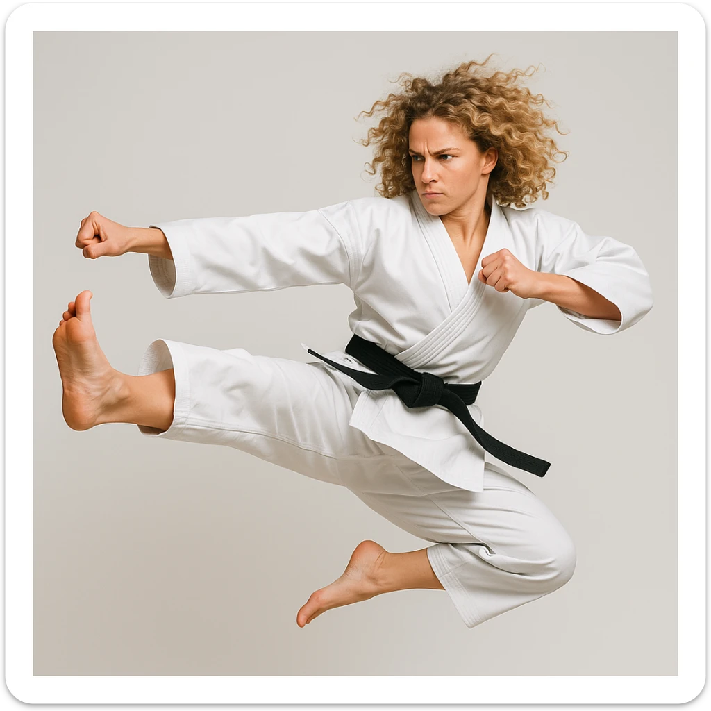 woman with curly blonde hair in a karate uniform, mid-air kick, determined look, clean background sticker