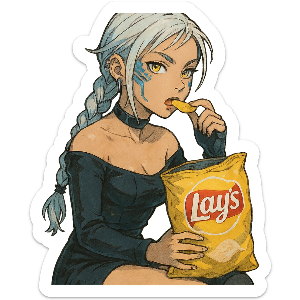  she is snacking out of a huge bag of lays-chips, a closeup portrait of young woman with gold yellow eyes, white hair, long braid, black off-shoulder top d-cup, punk gothic style, futuristic cyberwave cyberpunk, sitting position
 sticker