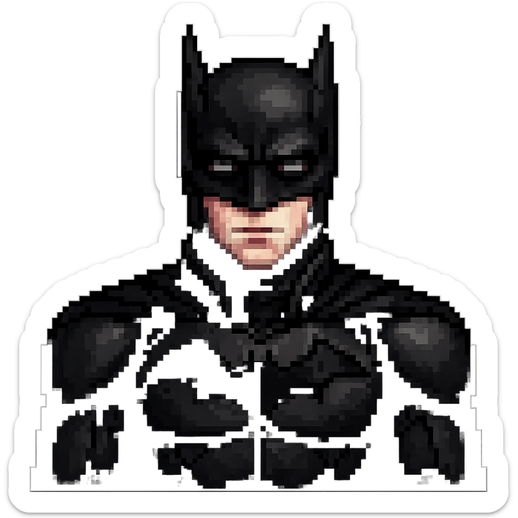 Edit the images to depict Robert Pattinson with a Batman look in pixel art style. Add a black cowl with bat ears and a dark suit. Keep the background transparent. The style should resemble pixel art with clear pixelated details and colors. sticker