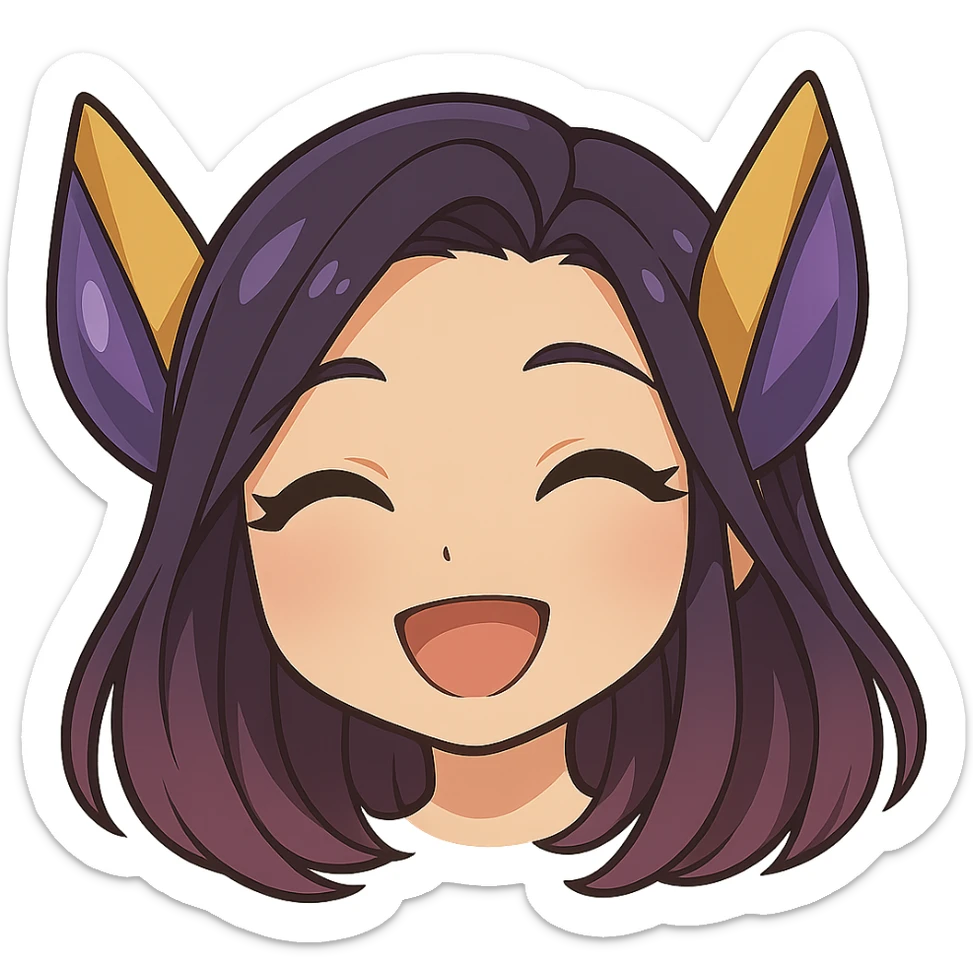 Create a chibi style emote of Kaisa from League of Legends showing a happy expression, only the head is visible. This is alternate happy expression 2 with a transparent background. sticker