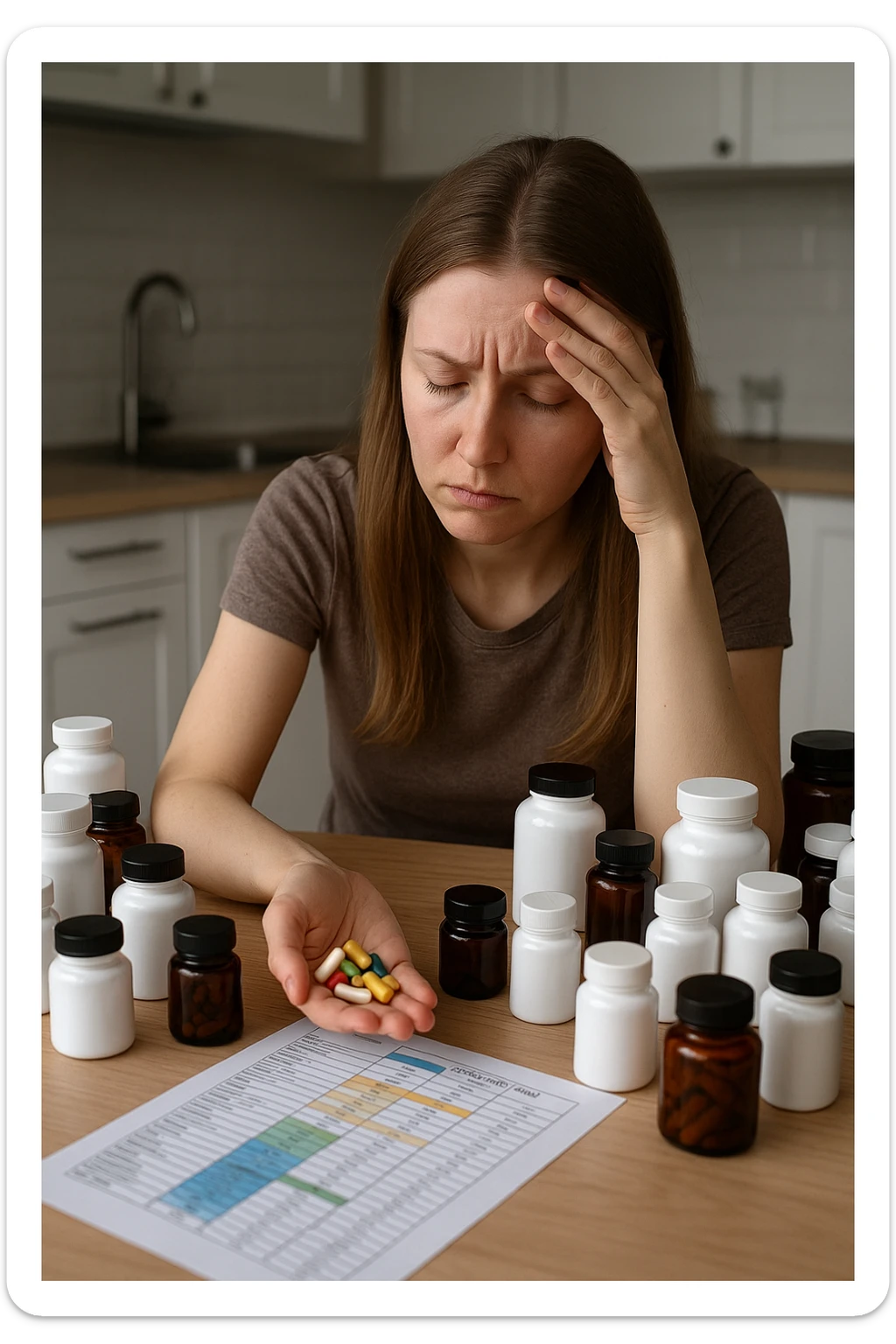 a woman in her 30s sits at her kitchen table, surrounded by dozens of supplement bottles, powders, and pills. She looks anxious and fatigued, with her head resting in one hand while the other holds a handful of colorful capsules. On the table, a nutrition chart is ignored, and her skin appears slightly dull or stressed. The mood is cautionary and educational. in italiano sticker