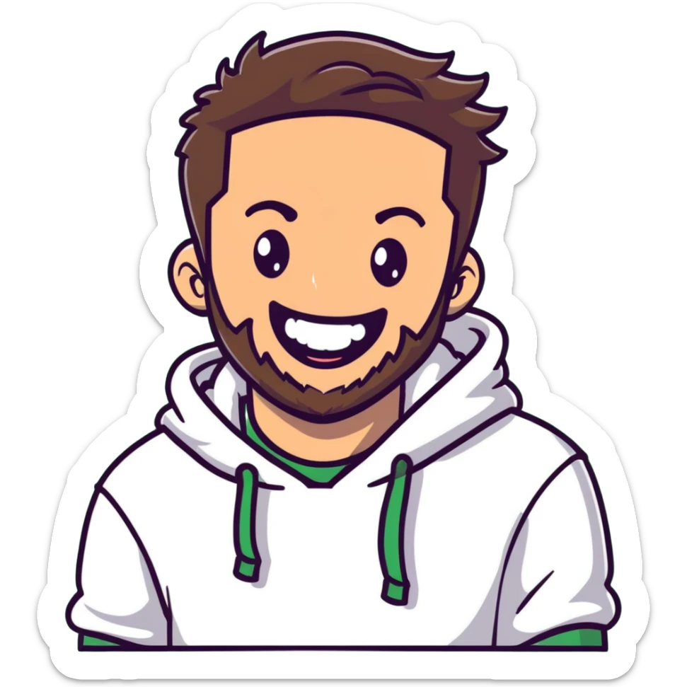 laughing guy with white hoodie, green t-shirt underneath, green eyes, dark brown undercut hairstyle and a short full beard sticker