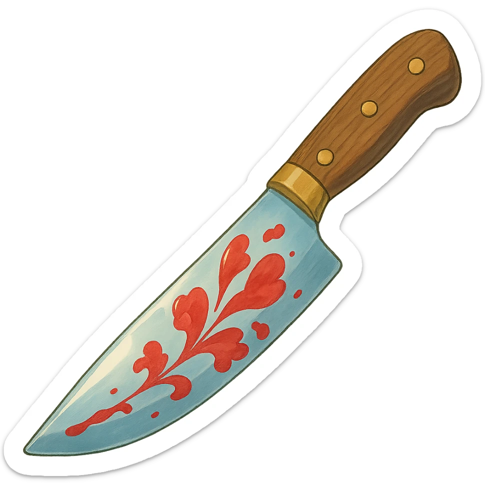 3D knife in ghibli style, shiny blade, artistic red blood, delicate and beautiful look sticker
