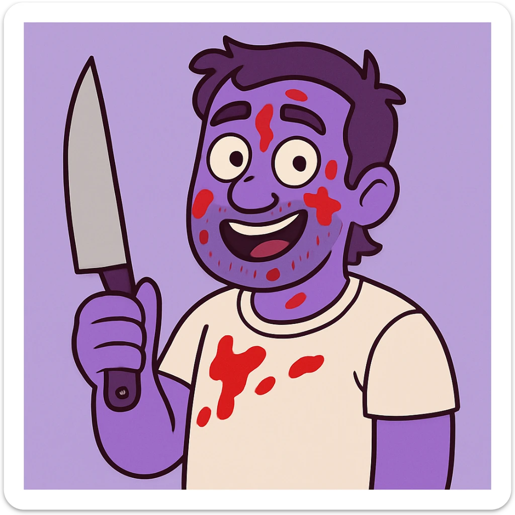 Edit the image of a man to have purple skin, keep everything else as in the original, stylized, holding a knife, ketchup on the face, friendly expression, light background. sticker