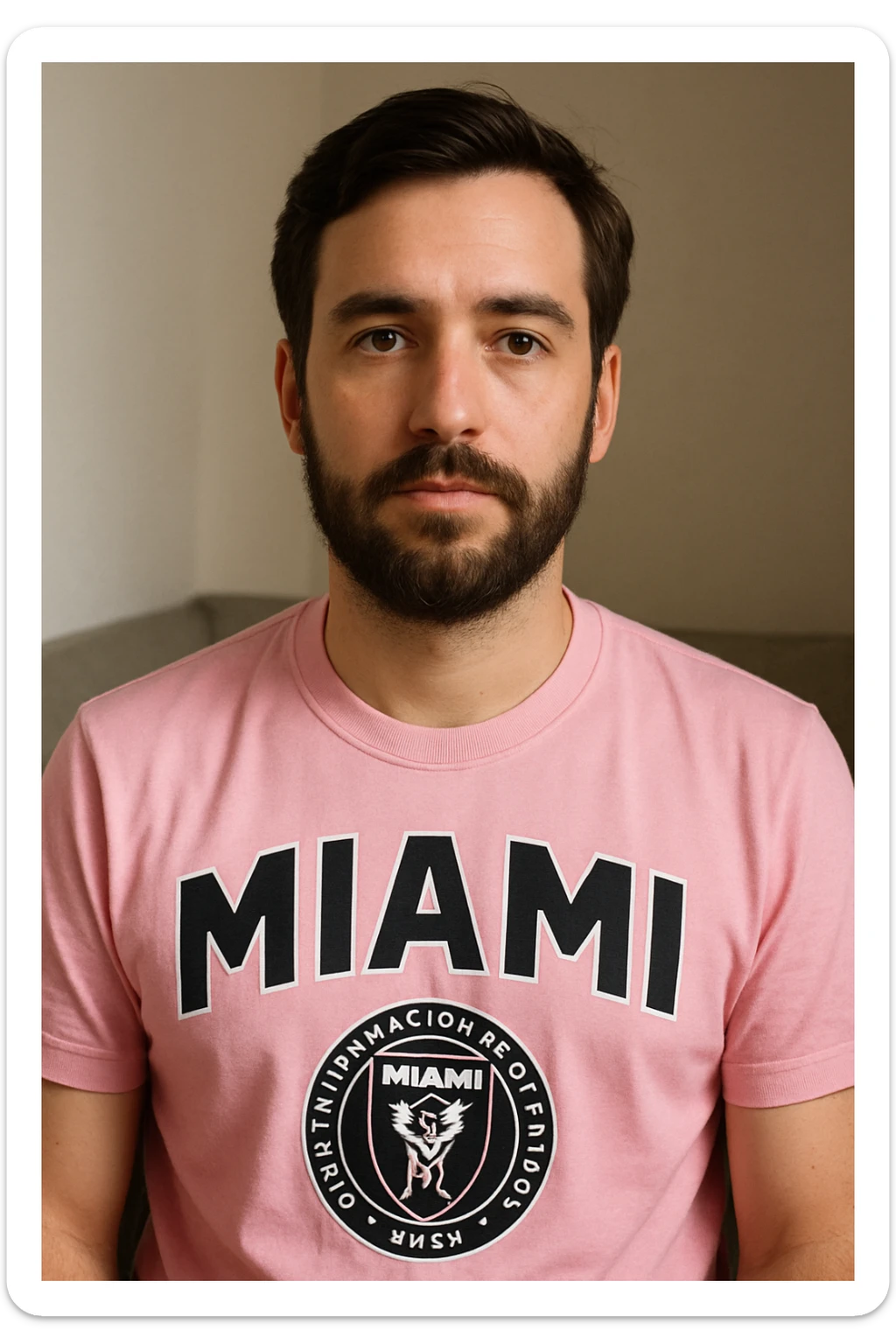man with brown eyes, brown beard, and brown hair, wearing a Miami soccer shirt sticker