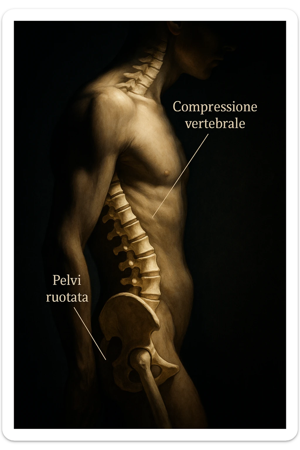 realistic and cinematic anatomical image: side view of human body with rotated pelvis, visible vertebrae compression, dramatic clinical lighting, captions in Italian, aspect ratio 2:3. sticker