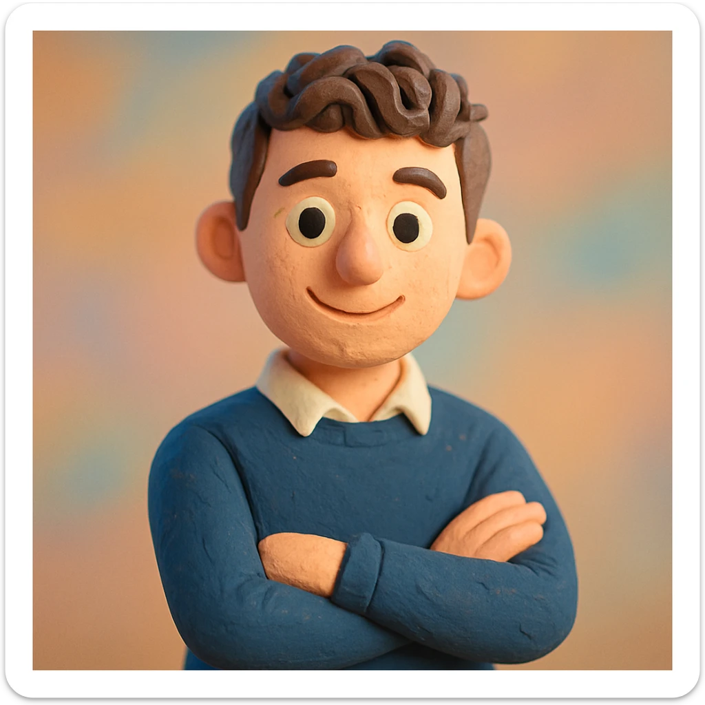 Create a much younger, more colorful claymation-style portrait emoji of the person in the reference image. Use vibrant pastel tones, a friendly expression, and visible clay texture. Focus on head and shoulders only. sticker