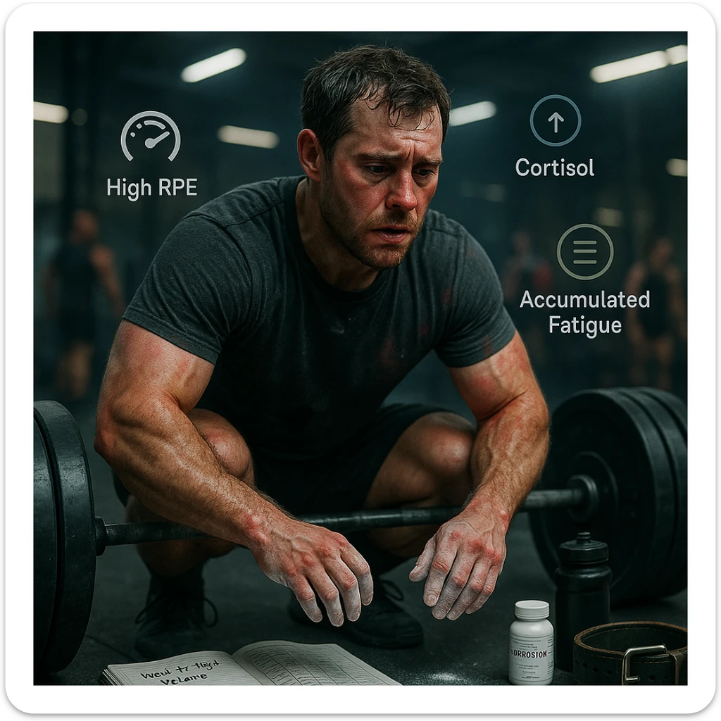 A muscular man in his early 30s, mid-workout in a gym, sweating heavily, expression showing fatigue and strain but still focused. He’s performing heavy barbell squats or deadlifts, with chalk-covered hands, and a visible training logbook nearby showing notes like 'Week 4 – High Volume'. Slight dark circles under his eyes, subtle red irritation around joints and tendons, symbolizing overuse. A water bottle, magnesium supplement, and lifting belt on the floor. Background: a real gym environment with other athletes, slightly blurred. Ambient lighting: cool tones with overhead gym lights. Optional floating icons showing high RPE, accumulated fatigue, cortisol levels slightly elevated. Style: cinematic realism, emotionally intense yet grounded in sports physiology. sticker