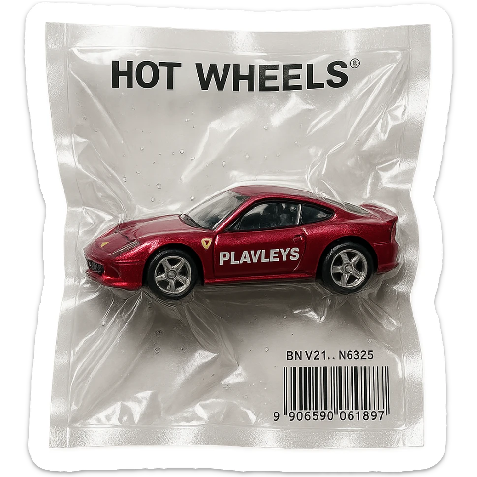 burgundy Hot Wheels Ferrari toy car with 'PLAVLEYS' lettering on the body, shiny and inflated, vacuum-sealed style sticker