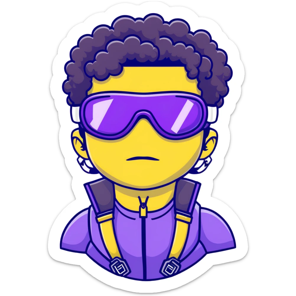 male athlete with white skin and moderately curly black hair on top with shaved sides, wearing ski goggles with purple frames and very dark black lenses, a simple plain black chain necklace, and a completely unzipped/wide open shiny purple vest fully revealing his chest and abs, no earrings sticker