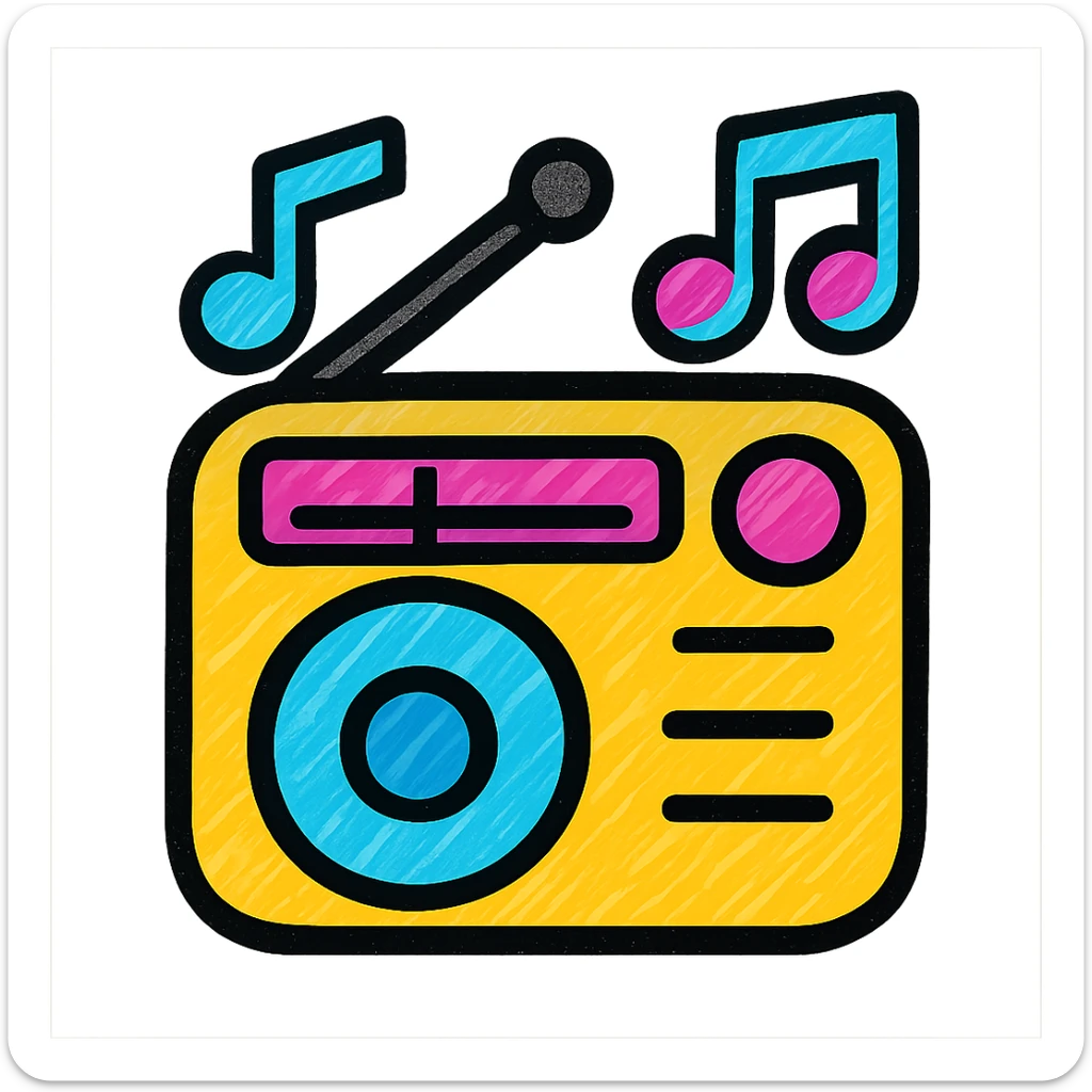vibrant modern emoji representing musique and radio theme, suitable for Discord bot server interface sticker