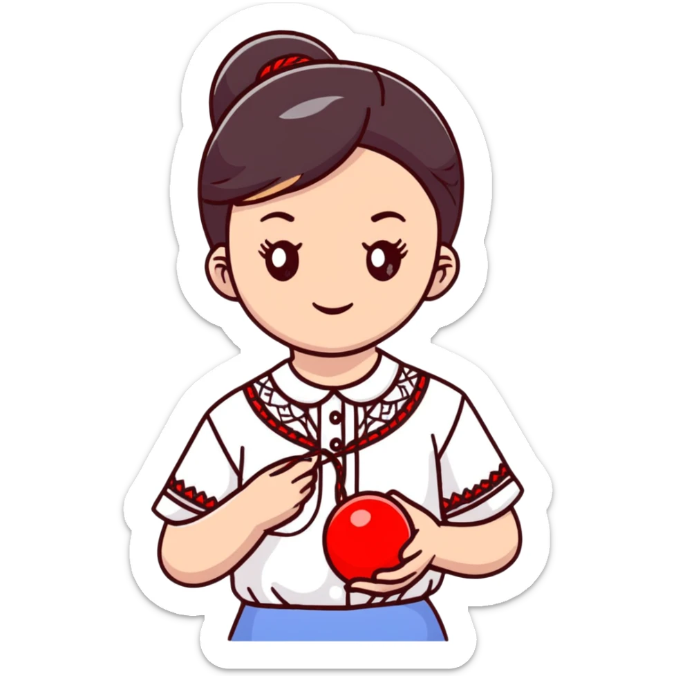 Ukrainian young girl in a white embroidered shirt holds a red ball of thread in her hand sticker