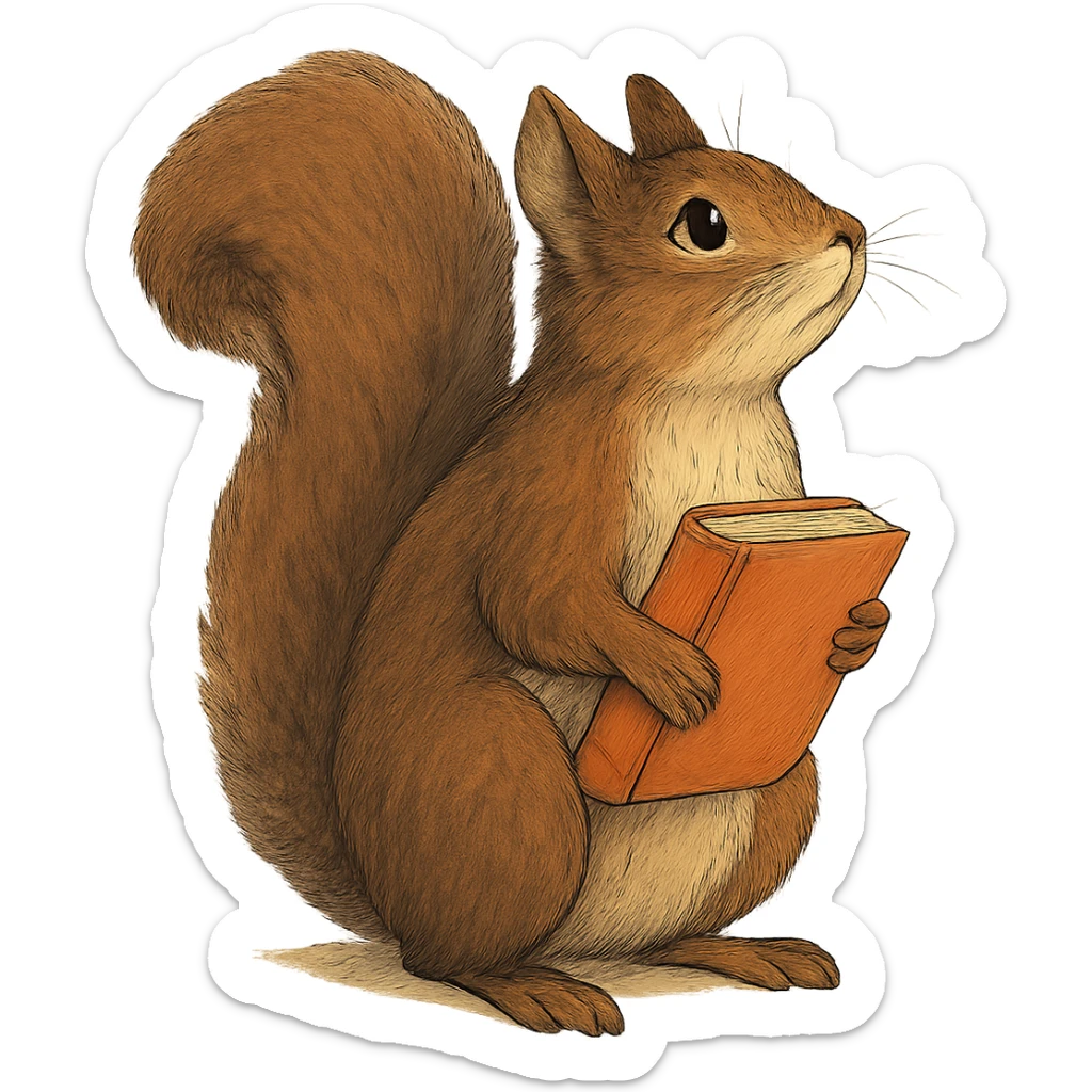 A cute brown squirrel with an orange book, studying at Siberian Federal University, looking up, full body, detailed fur, intelligent and beautiful sticker