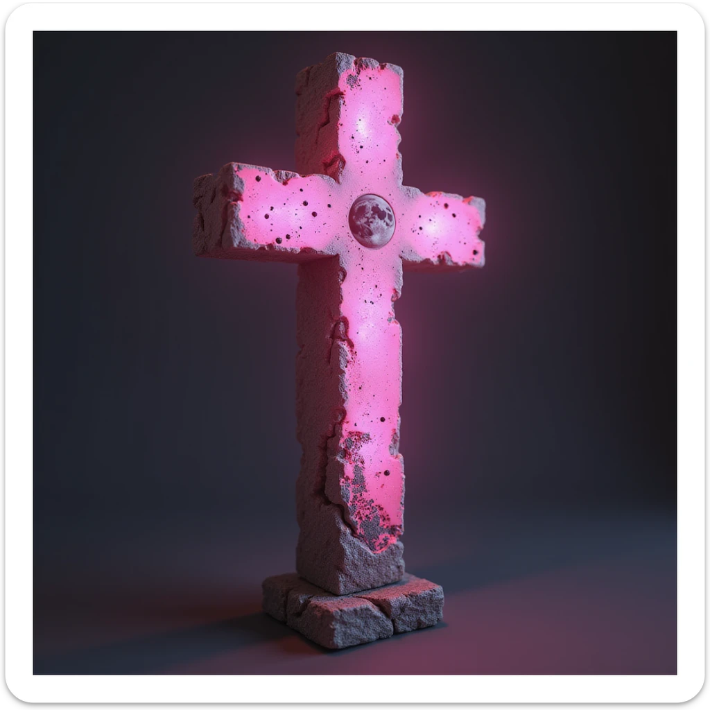 realistic gothic cross, pink with a moon and stars, photorealistic style sticker