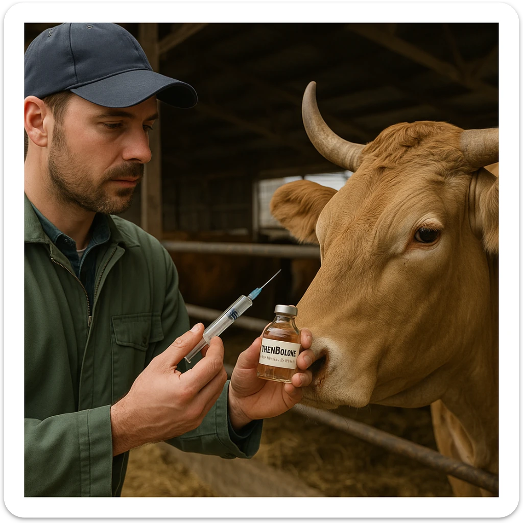 realistic image of a veterinarian or farmer administering a vial labeled 'Trenbolone' to a cow or bovine in a barn, detailed realistic animals and environment, readable label on the vial with the name 'Trenbolone' sticker