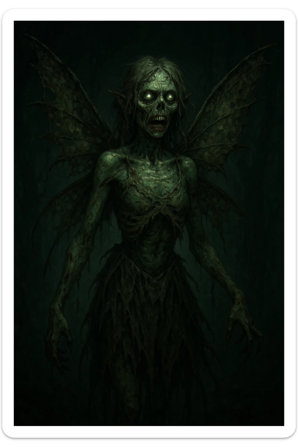 zombie fairy with decayed wings, greenish skin, tattered dress, eerie glow sticker