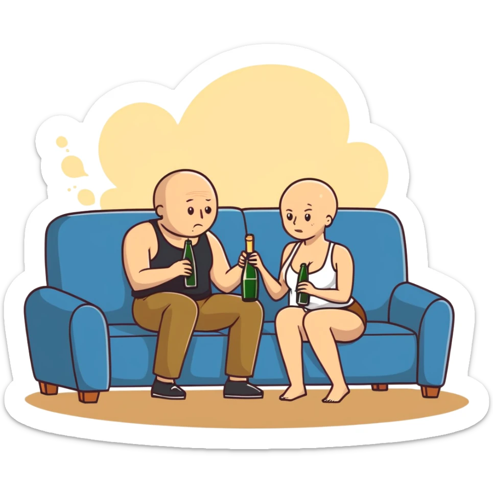 A bald man sitting on a couch. One Caucasian woman with brown hair, big boobs, wearing pants and a tank top, kneeling on the ground. A champagne bottle has exploded  sticker