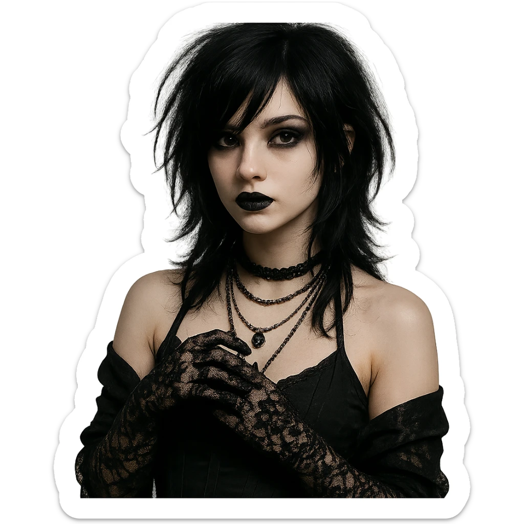 emo girl with lace gloves, layered necklaces, dark lipstick, mysterious and elegant sticker