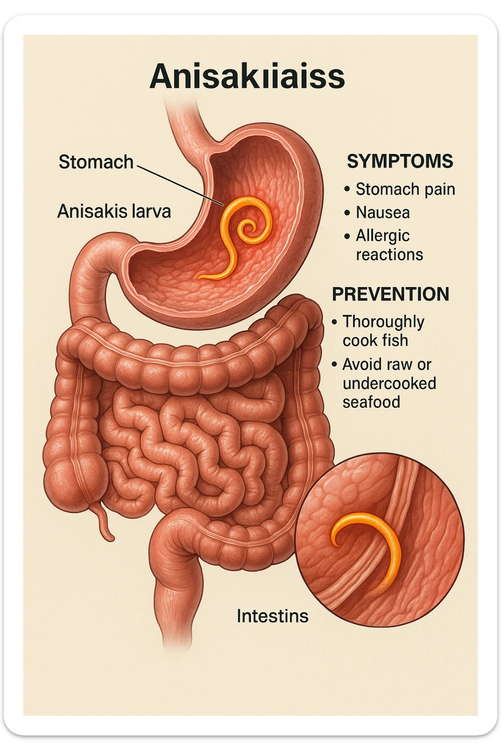 a cutaway view of the human digestive tract, showing an Anisakis larva attached to the stomach or intestinal wall. The parasite is highlighted in color, with surrounding tissue rendered in realistic detail. Educational labels describe symptoms and prevention. sticker