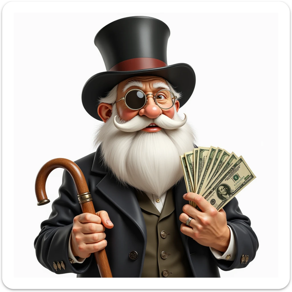 old white man with a top hat, monocle in left eye, holding stacks of money in right hand and a wooden cane in left hand, clear detailed style sticker