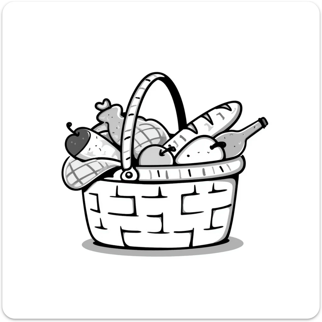 A wicker picnic basket with handle and contents like food items in pastel colors (dd9fb0, ffc6d3, a3bfc9, c4bee2, f1b091), hand-drawn doodle style sticker