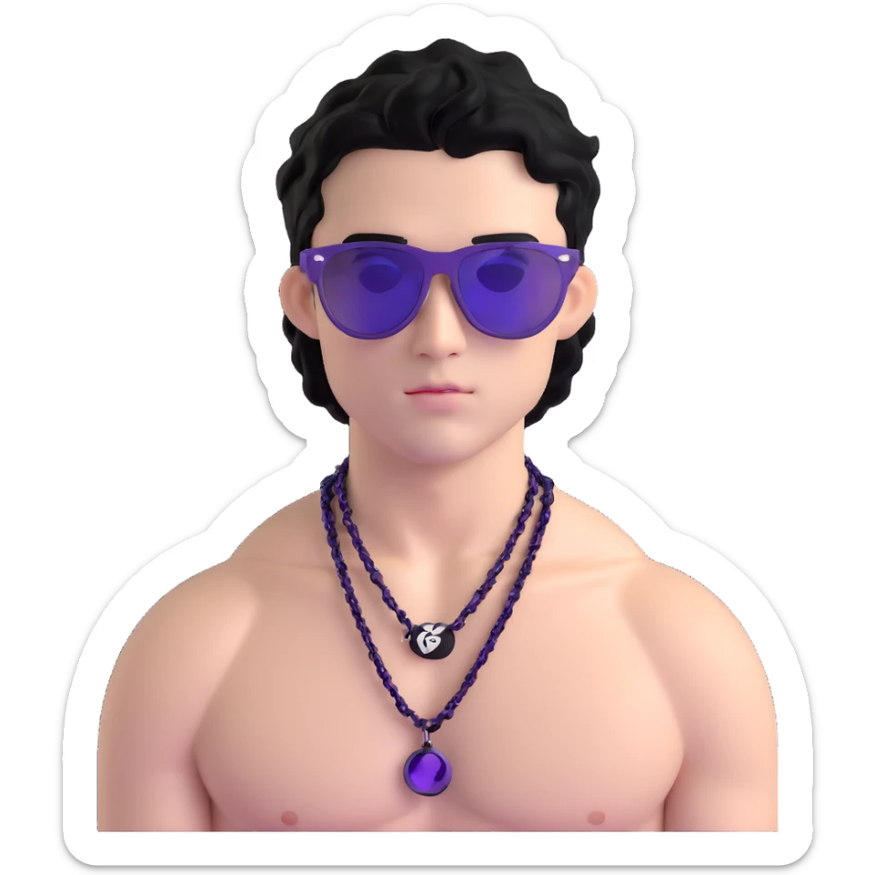 shirtless male athlete with white skin and moderately curly black hair on top with shaved sides, wearing purple sunglasses with very dark heavily tinted black lenses that completely hide the eyes, and a plain black chain necklace sticker