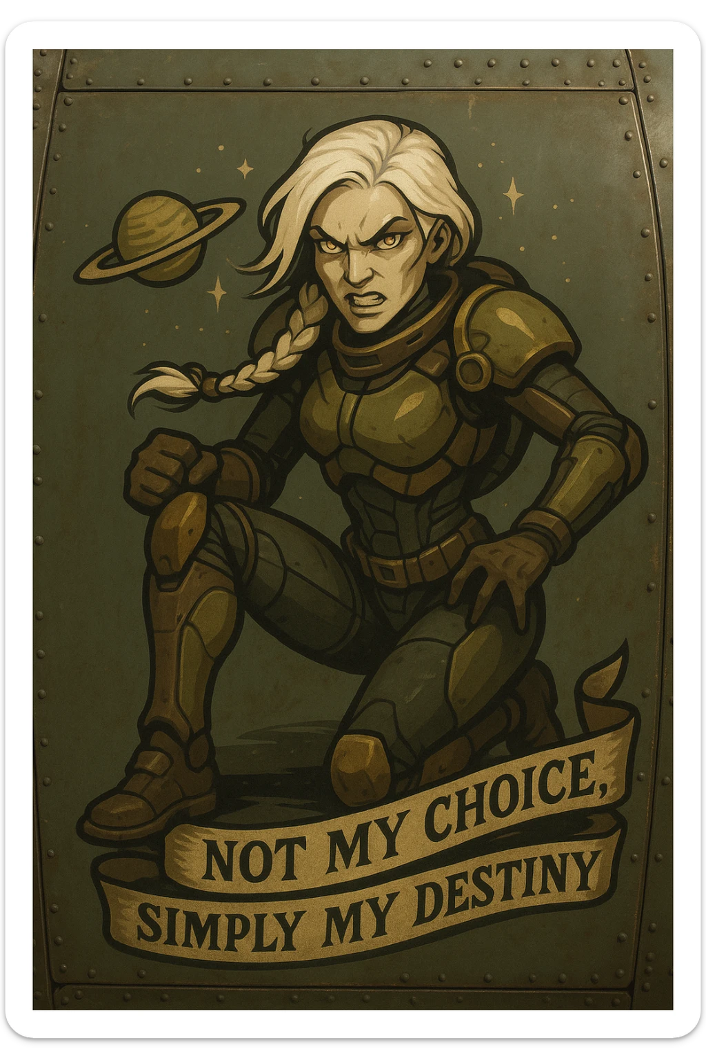 a retro military pinup fuselage decoration for the motto " not my choice, simply my destiny "
; female figure, white hair 1 braid, gold yellow eyes, spacer, fierce, exo-rogue, menacing yet taunting sticker