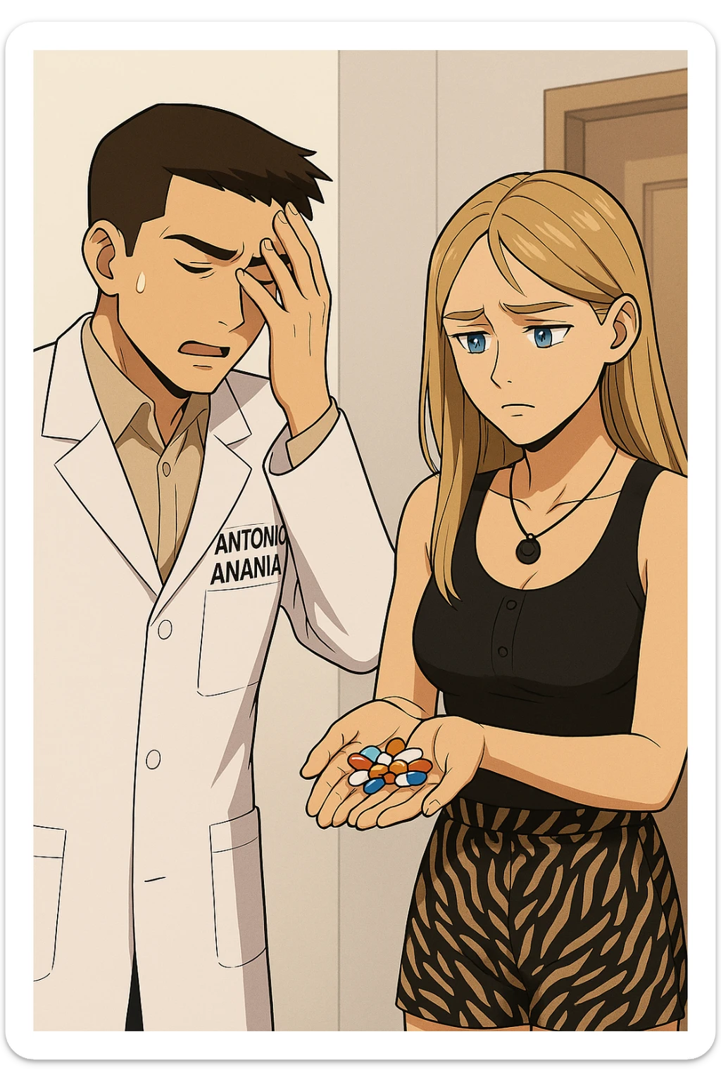 fai un webtoon/manga a colori con questo kinesiologo in camice bianco (fagli la scritta "ANTONIO ANANIA" SUL CAMICE) CHE PARLA CON QUESTA RAGAZZA CON GLI OCCHI AZZURRI. LA RAGAZZA HA UN PUGNO DI INTEGRATORI IN MANO (TANTE PILLOLE DIVERSE) E LE GUARDA DUBBIOSA. IL KINESIOLOGO CON IL CAMICE BIANCO SI TIENE UNA MANO SULLA FRONTE SCONFORTATO MENTRE LE DICE CHE STA SBAGLIANDO A PRENDERE TUTTI QUEGLI INTEGRATORI. NON FARE I FUMETTI, FAI SOLO LORO COME SE DIALOGASSERO sticker