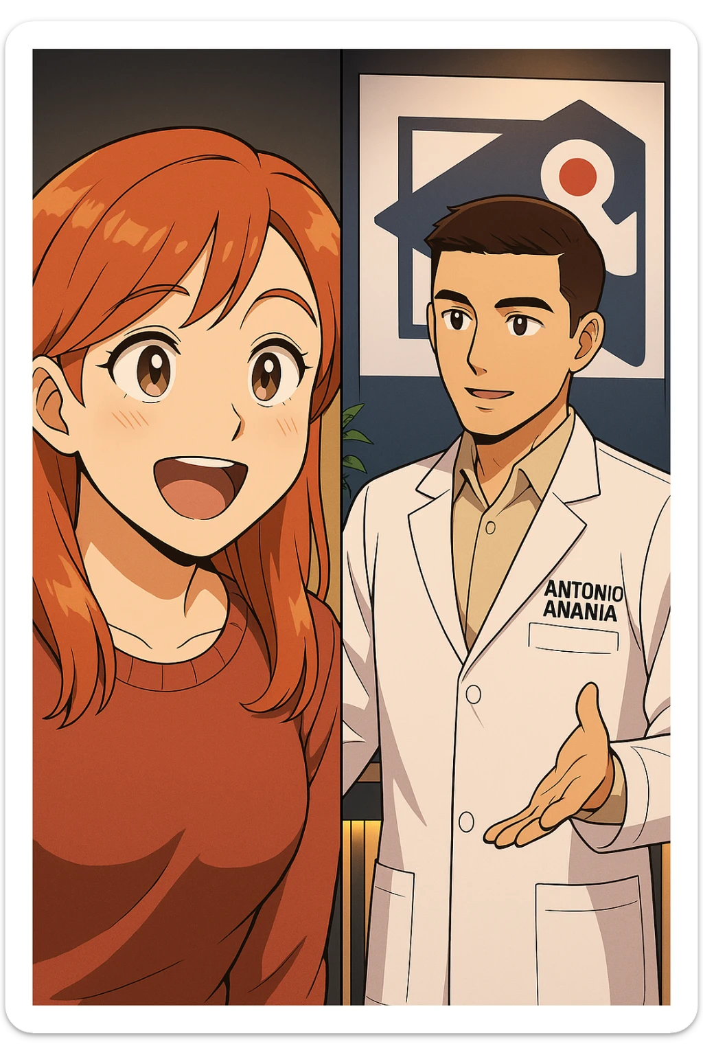 su questo stile fai un manga/webtoon a colori in cui C'è UNA STRISCIA CON FOCUS SUL VOLTO DELLA donna CON ESPRESSIONE DI STUPORE CHE ESCLAMA UNA COSA FELICE, MENTRE NELLA STRISCIA A DESTRA SI VEDE, l'uomo della foto in stile manga LE SPIEGA CHE DEVE PROVARE LA SUA VALUTAZIONE MEDICA, mantieni un ambiente simile alla foto che ho allegato con il suo logo (sarebbe il suo studio, lui è un kinesiologo), scrivigli "ANTONIO ANANIA" sul camice bianco, non mettere fumetti, ma fai in modo che sembri che la donna CHIEDA E  l'uomo RISPONDA sticker